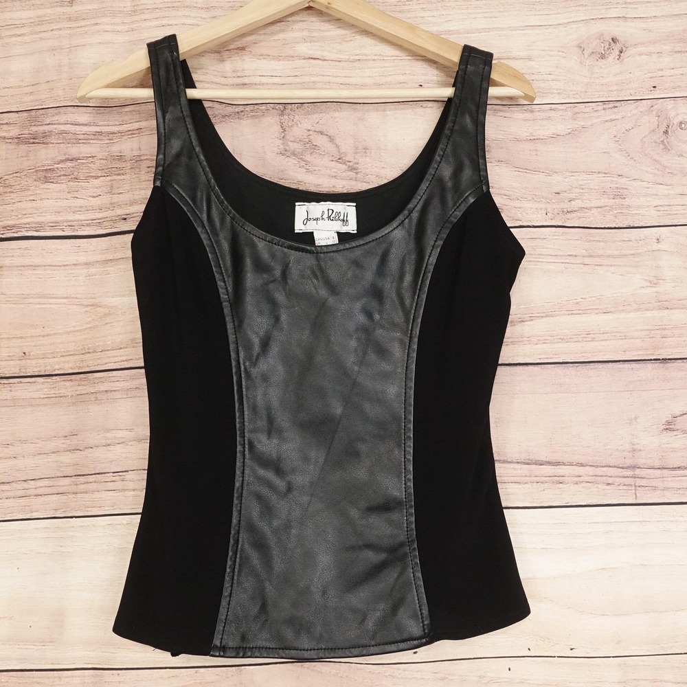 Joseph Ribkoff Tank Womens 8 Black Scoop Neck Sleeveless Faux Leather Panel Top